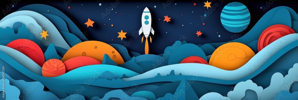 Poster layered paper cut space exploration with vibrant planets, stars and a rocket ship soaring through co