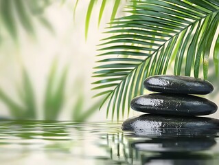 Serene Zen Spa Composition with Stacked Stones and Water Reflection