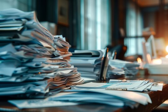 Collection of business analytics charts and graphs stacked on each other on paper on desk in office