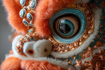 Obraz premium Close-Up of a Colorful Lion Dance Mask Featuring Intricate Details and Exquisite Craftsmanship, Capturing the Essence of Traditional Cultural Performances