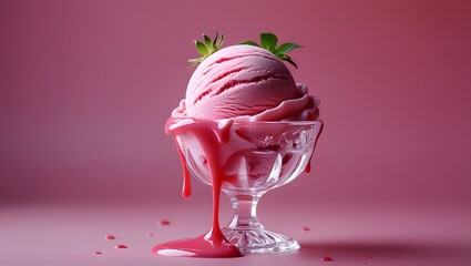 Strawberry Ice Cream Delight in a Glass Bowl on a Pink Background