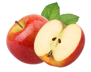 red apple (Envy Apple) with leaves and half isolated on a white background, with clipping path, cut out