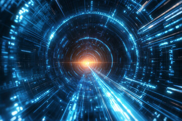 Obraz premium Futuristic tunnel with glowing blue lights and digital effects