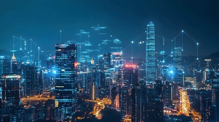 Glowing Nighttime Cityscape with Real Time Data Projections and Ambiance