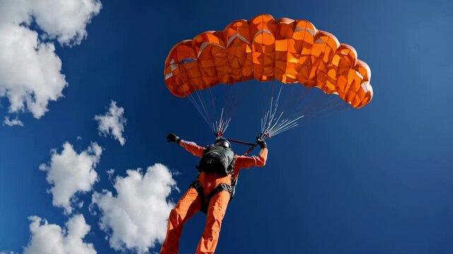 Aerial video captures a skydiver in an orange suit and parachute gliding above fluffy clouds, showcasing a breathtaking wide-angle perspective.