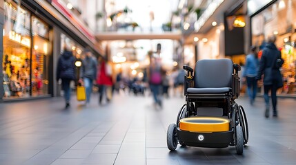 Naklejka premium A self driving electric wheelchair effortlessly maneuvering through a bustling shopping mall filled with people showcasing the advancements in assistive mobility technology