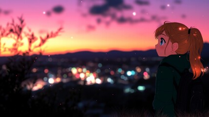 Naklejka premium Girl Watching Sunset over City Lights Anime Style Illustration