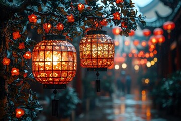 Fototapeta premium Beautifully Illuminated Traditional Lanterns Hanging in a Charming Asian Street, Surrounded by Lush Foliage and a Mysterious Atmosphere on a Rainy Night