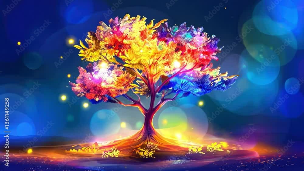 Aufkleber enchanting vibrant tree in colorful nature magical atmosphere with shimmering leaves and soft bokeh 