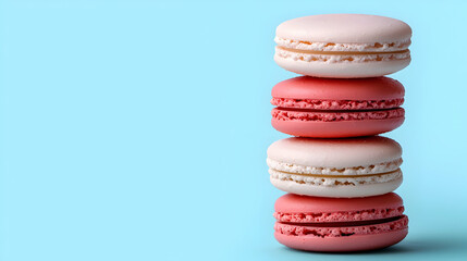 Stack of Pink and White Macarons on Pastel Blue Background