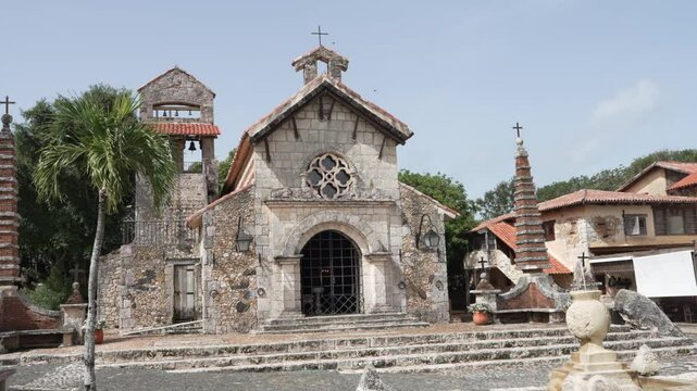 Zoom out shot of Altos de Chavon church, tourist attraction, re-creation of a old Mediterranean style village.La Romana near the Chavon river, Carribean travel,Dominican republic.