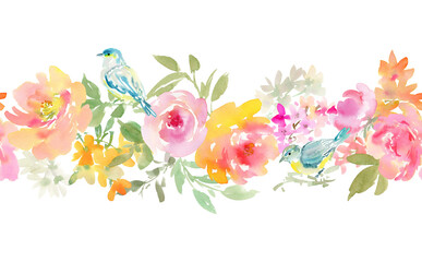 Watercolor abstract roses and peonies, wildflowers, and small birds PNG seamless pattern. Hand-painted botanical illustration with a transparent background for spring and summer. © Sawango