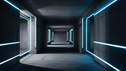 Obraz premium Empty room abstract illuminated empty corridor interior made of gray concrete, glowing blue lines with shadow
