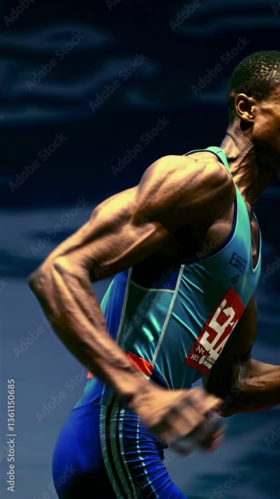 Poster dynamic video of a sprinter in motion, captured from a side angle, highlighting speed and determinat