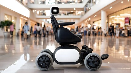 A sleek self driving wheelchair autonomously navigating through a busy modern shopping mall filled with people and retail stores
