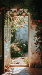 An open doorway reveals a beautiful garden filled with roses