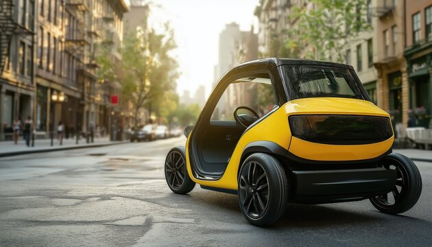 Yellow Electric Cargo Microcar on Sunny City Street Urban Mobility EV