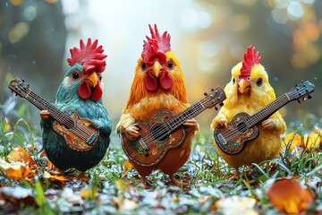 Colorful Chickens Playing Guitars in Autumn Forest Surrounded by Leaves, Creating a Playful and Whimsical Atmosphere for Fun and Imagination