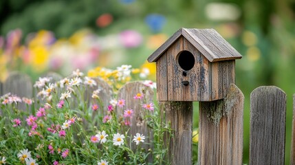 Wooden Birdhouse on Garden Fence