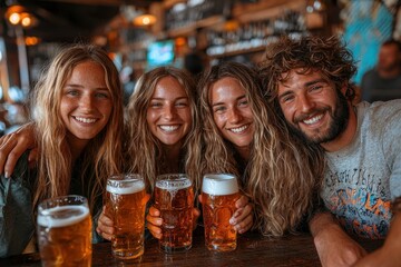 Celebrating Friendship and Joy over Craft Beer Cozy Pub Group Photo Lively Atmosphere Upbeat Perspective