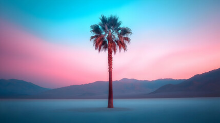 Obraz premium Surreal Pink and Blue Palm Tree Silhouette at Sunset over Desert Mountains