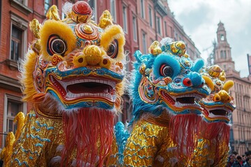 Colorful Dragon Statues Displayed During Cultural Festival for Celebration and Tradition, Featuring Vibrant Details and Rich Textures in the City Streets