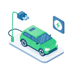 Naklejka premium green electric vehicle is charging at station, showcasing modern eco friendly transportation. minimalistic design emphasizes sustainability and innovation