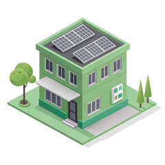 flat 3D minimalistic green building with solar panels on roof, surrounded by trees, represents eco friendly architecture. design emphasizes sustainability and modern aesthetics