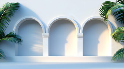 Fototapeta premium Three Empty Arched Niches in a Beige Wall with Palm Leaves