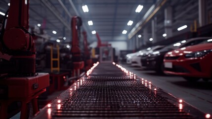 Obraz premium Automated Factory Assembly Line Industrial Robots Manufacturing Process Automotive Prod