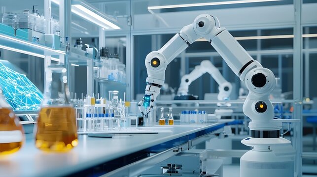 Advanced robotic arms precisely carrying out experiments and analyses in a modern well equipped research laboratory