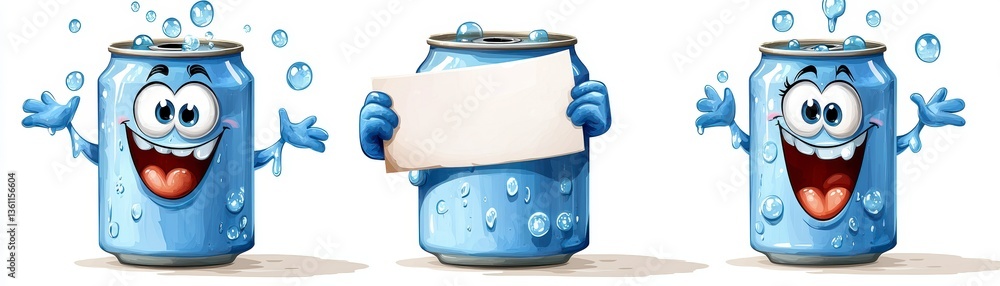 Poster cheerful cartoon beverage can characters playful setting digital artwork fun environment dynamic vie