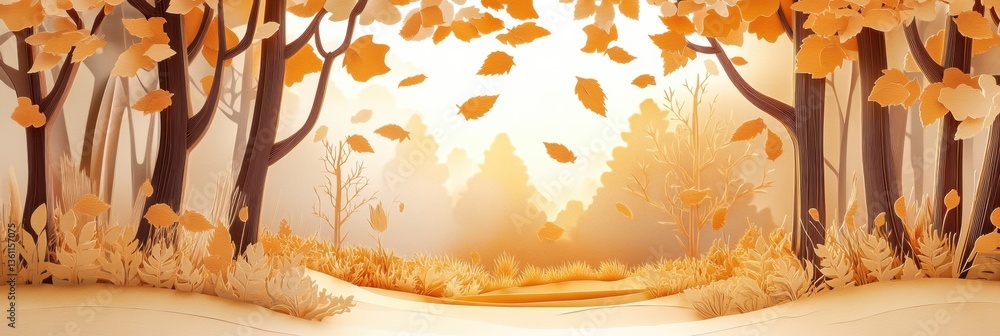 Poster layered paper cut autumn forest with golden leaves and warm tones creating a cozy seasonal atmospher