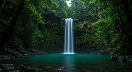 Lush Rainforest Waterfall Cascading into Emerald Pool Tranquil Nature Scene