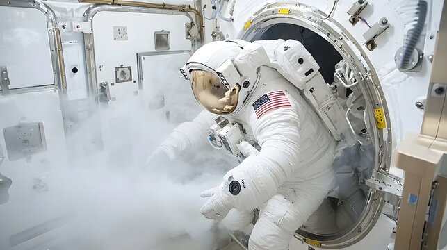 An astronaut in a spacesuit emerges from a cryosleep pod surrounded by mist as they awaken from deep sleep during a space mission