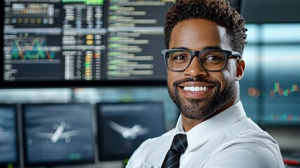 Smiling airline employee in control room utilizing technology to analyze data effectively - Powered by Adobe