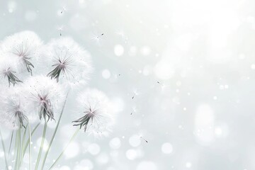 Delicate white dandelions in soft light