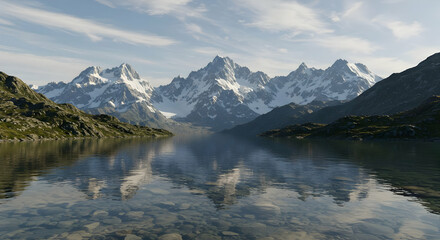Fototapeta premium Snowy Mountain Peaks Reflecting On Calm Lake