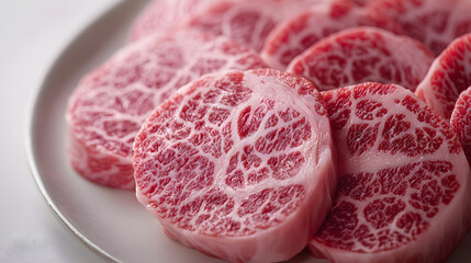 Obraz premium Ultra Macro Close-Up of Raw Hida Beef Showcasing Intricate Marbling Patterns for Culinary Focus