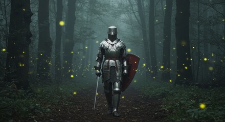 Fototapeta premium Medieval Knight Walking in Enchanted Forest at Night with Fireflies