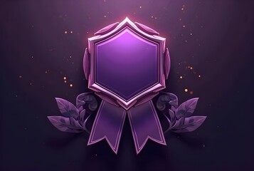 Fototapeta premium A vibrant purple badge with a decorative ribbon, symbolizing achievement or recognition, set against a subtle dark background.