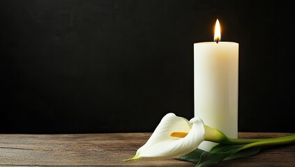 A single, white candle and a white calla lily on a wooden surface