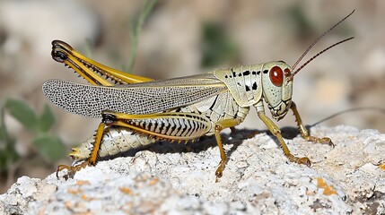 Close up of a grasshopper with intricate camouflage patterns and reptile like scales blending seamlessly into its natural earthy environment