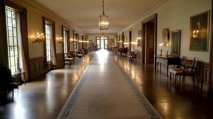 Fototapeta premium Expansive hallway of a stately 19th century Victorian mansion featuring antique furniture ornate decor and soft candlelit lighting creating a refined historic ambiance