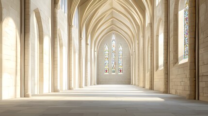 Obraz premium Grandiose interior of a medieval cathedral featuring towering stone columns ornate arched ceilings and vibrant stained glass that fill the space with warm ethereal light