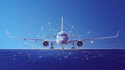 Digital line art of an airplane  with connecting data points and network connections in the background