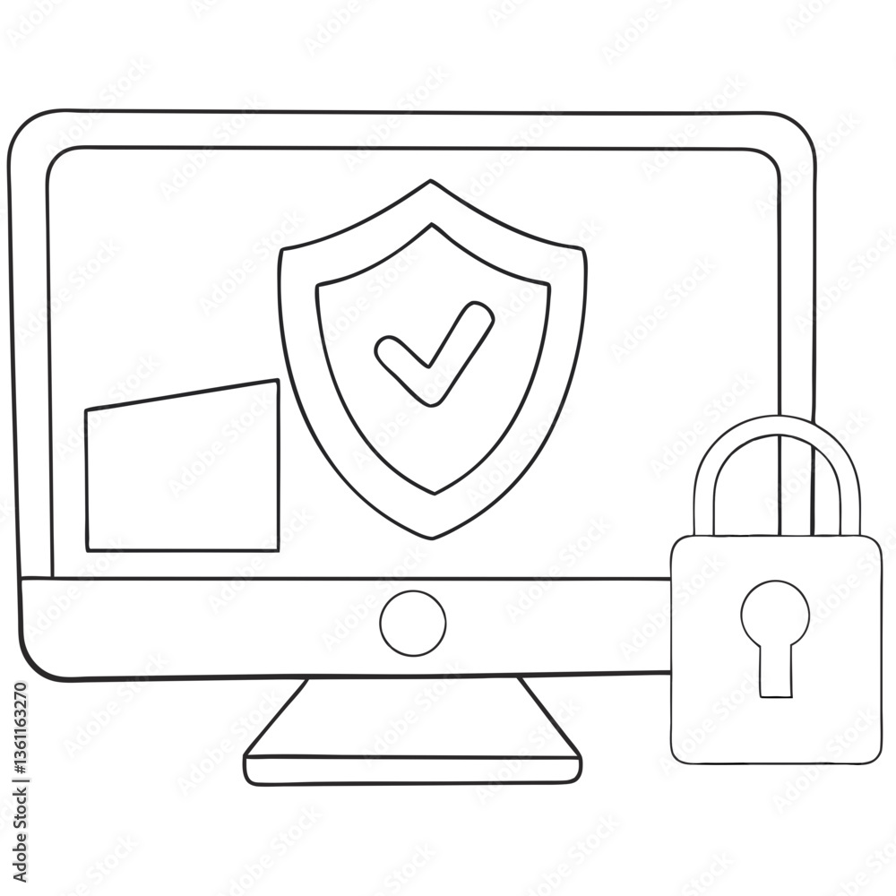 Poster secure your digital world, a simple line art illustration showing a computer screen with a shield an