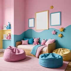 Pastel Kids' Room Mockup with Cute Decor. Editable mockup for artwork and posters in a pastel kids' bedroom.