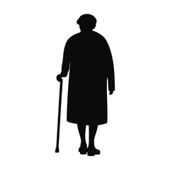 Elderly Woman Silhouette Walking with Cane, Full Body Vector Illustration