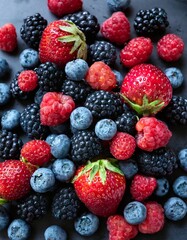 A vibrant assortment of fresh berries, including plump blueberries, juicy raspberries, glossy blackberries, and ripe strawberries, arranged in a visually appealing composition. 